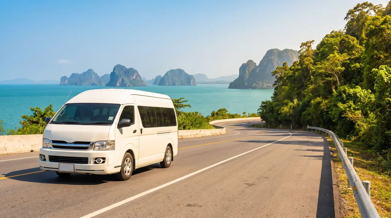 A private taxi van on a coast road above a turquoise bay with limestone islands